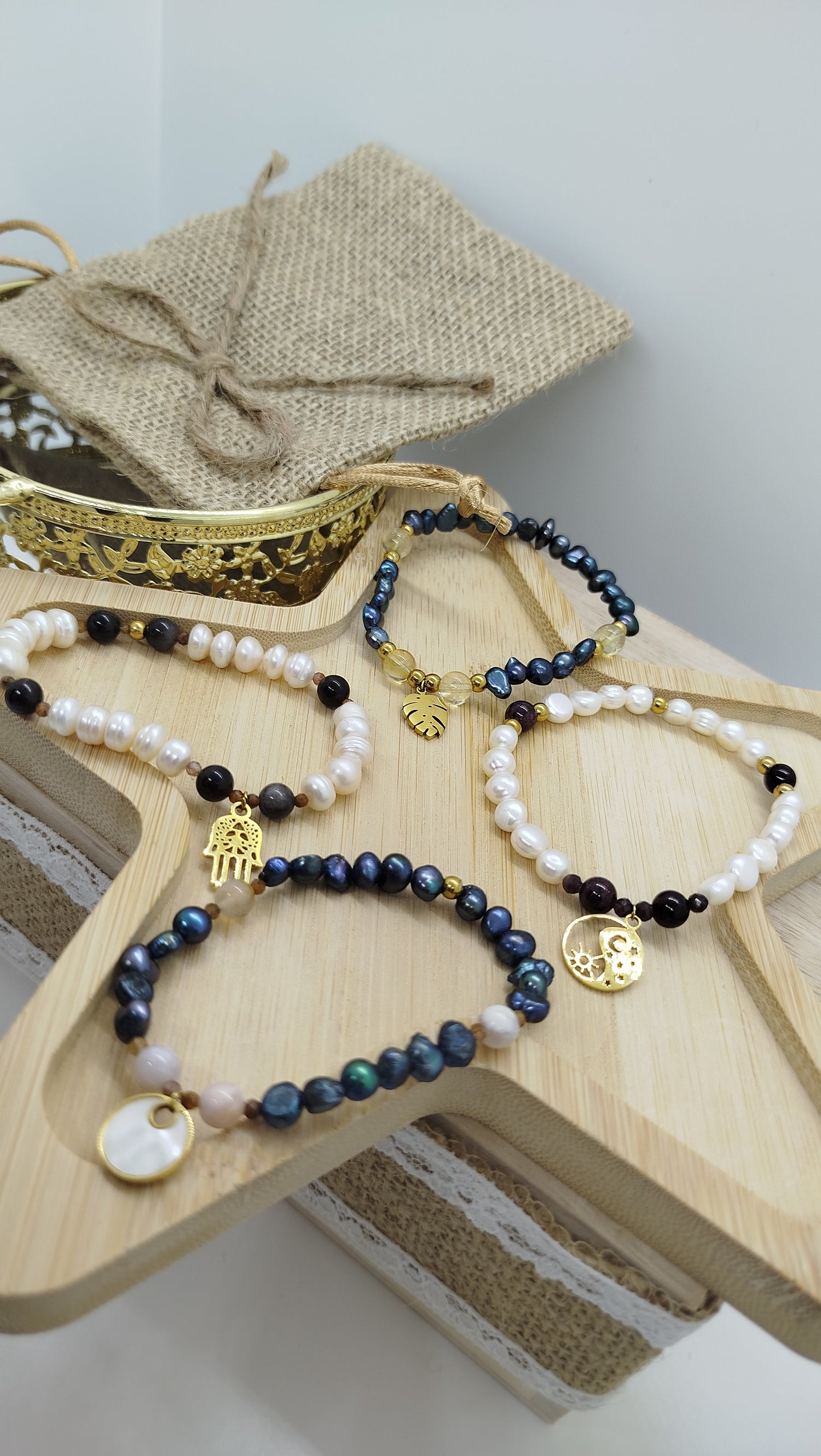 perles pierres naturelles et breloque en acier inoxydable