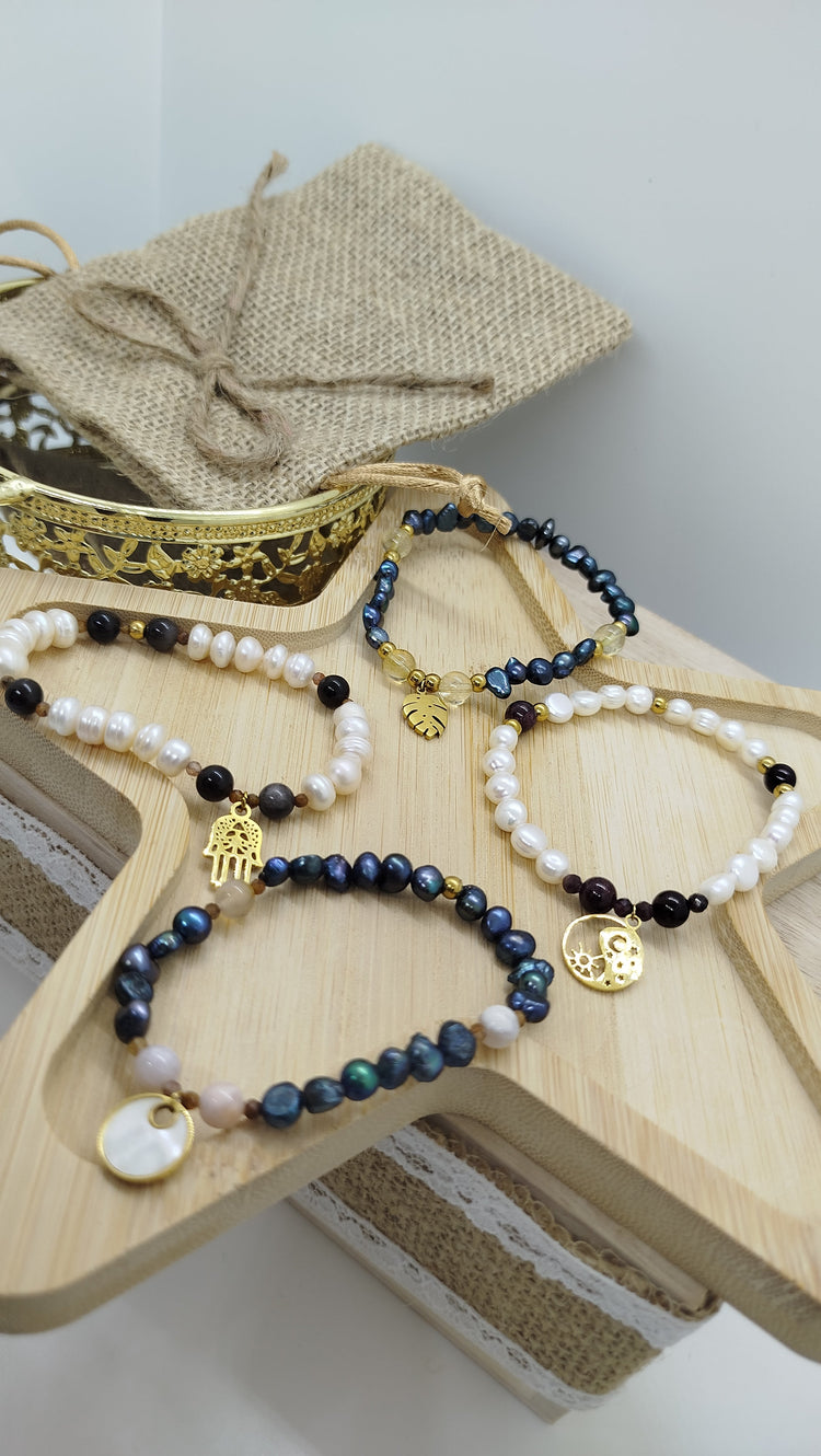 perles pierres naturelles et breloque en acier inoxydable