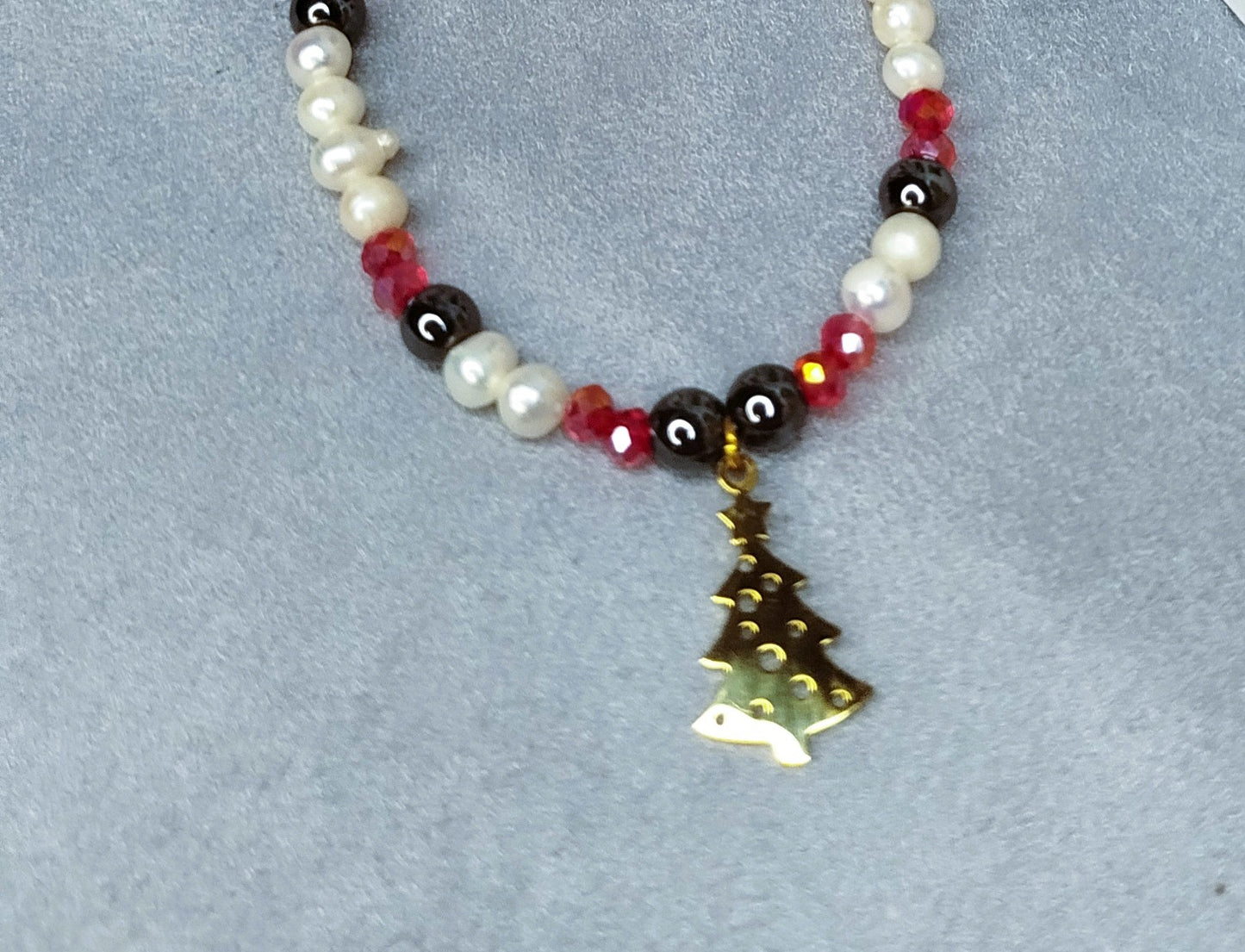 Bracelet Sapin Irisé – perles, hématite et pendentif sapin doré