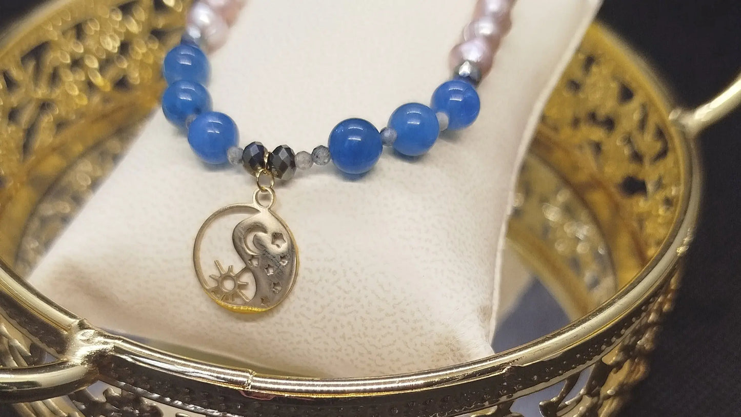 bracelet perles eau douce apatite perles facettées Aigue marine noire breloque acier inoxydable YIN ET YANG doré fait main