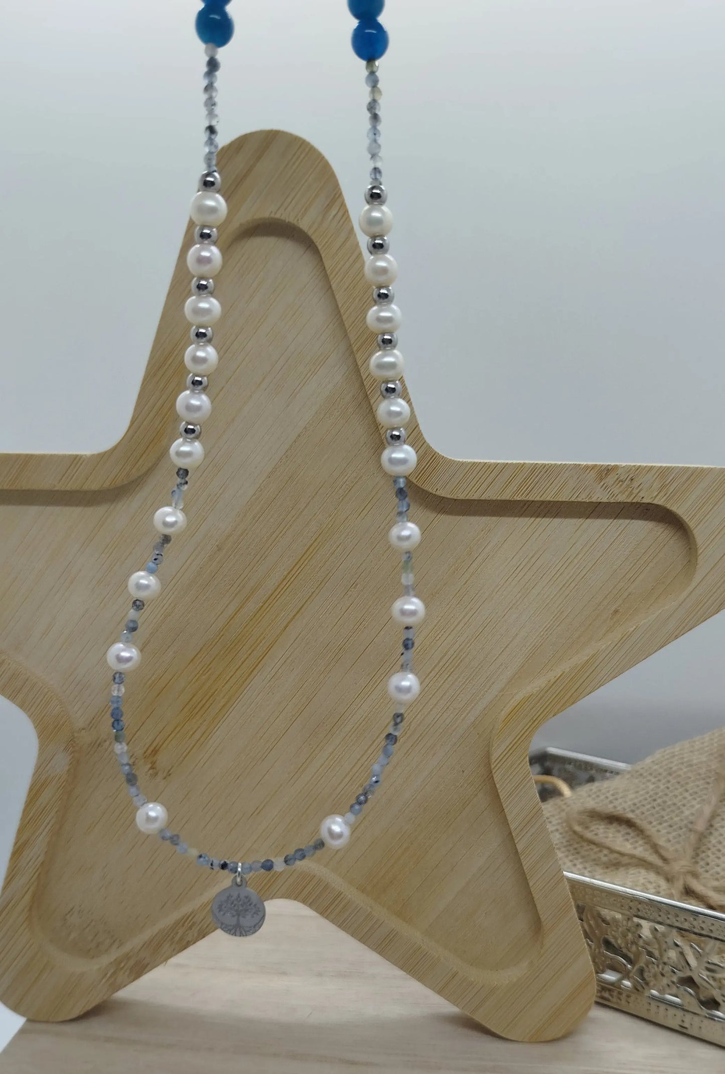 Collier perles eau douce apatite aigue marine breloque arbre de vie acier inoxydable argent fait main