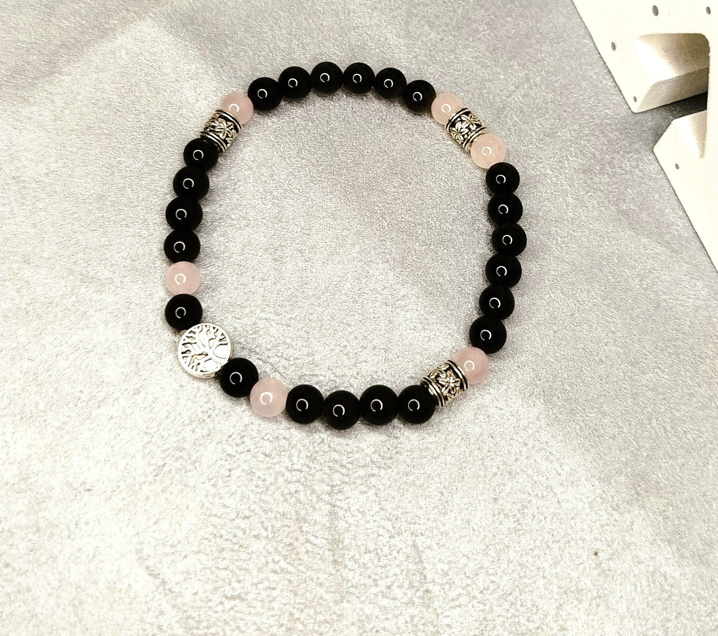 Bracelet HOMME DOLCE-Obsidienne , quartz Rose et breloque arbre de vie ALMA Y LUZ