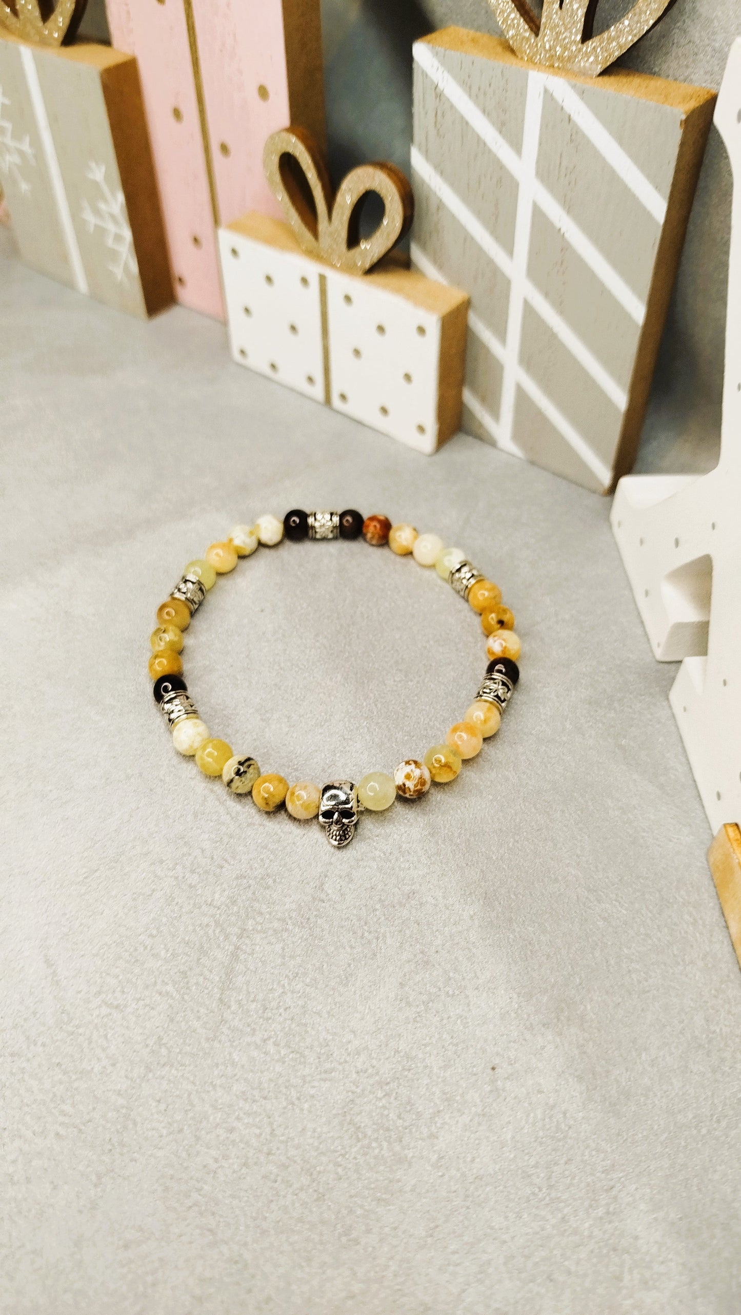 Bracelet Homme LIBRE - Opale jaune , tourmaline mutlicouleur et breloque tête de mort ALMA Y LUZ