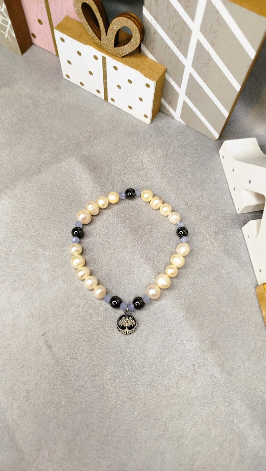 Bracelet Arbol de Luz perles blanches et hématite pendentif arbre de vie argenté