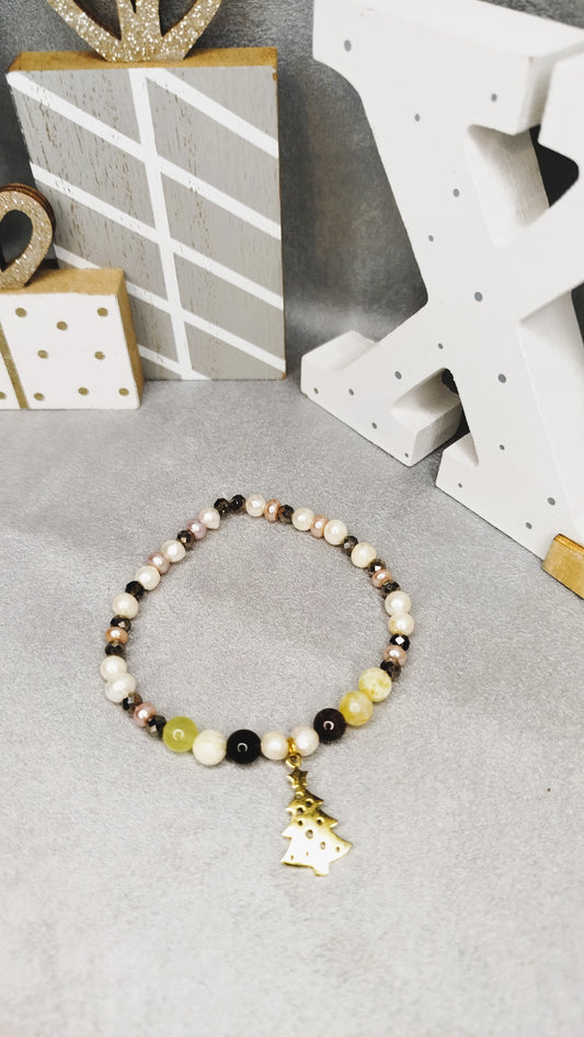 Bracelet Sapin Enchanté – tourmaline, opale jaune et pendentif sapin doré