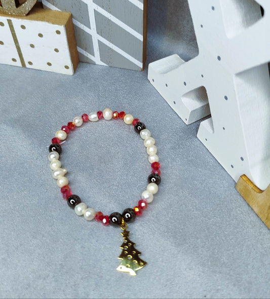 Bracelet Sapin Irisé – perles, hématite et pendentif sapin doré