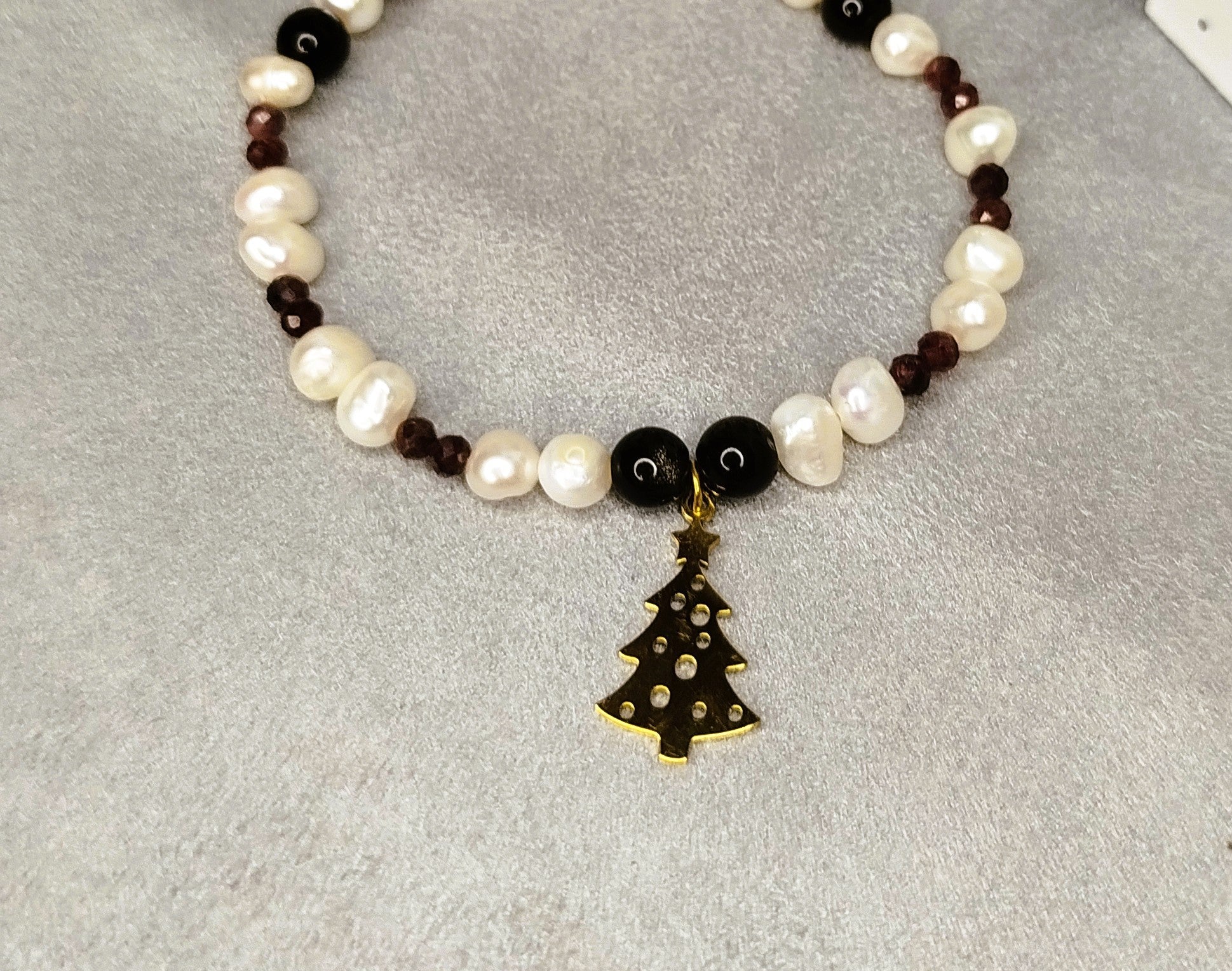 Bracelet Sapin Passionné – obsidienne, grenat et pendentif sapin doré