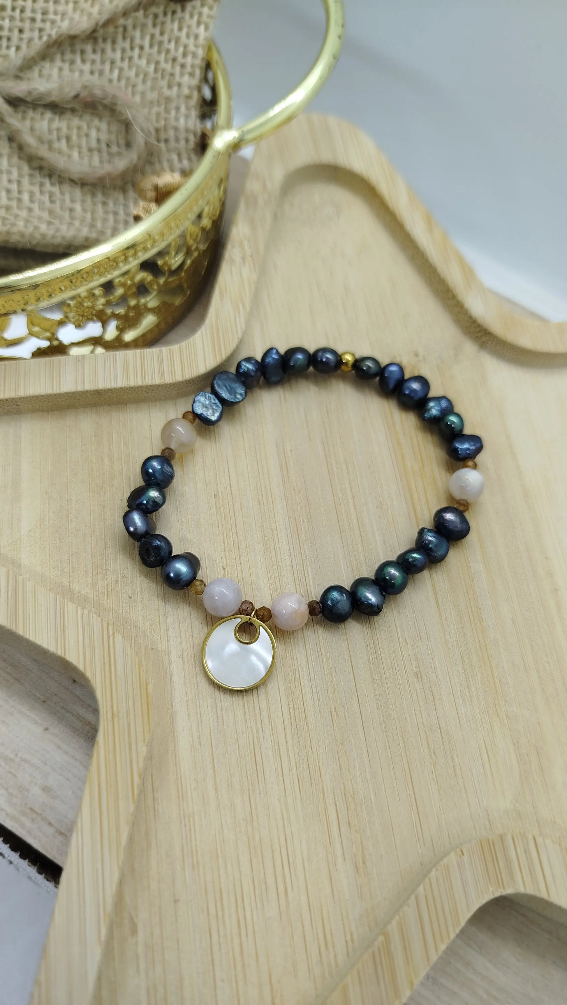 bracelet perles eau douce agate fleur de cerisier perles facettées saphir jaune breloque noeud rond nacre acier inoxydable doré fait main