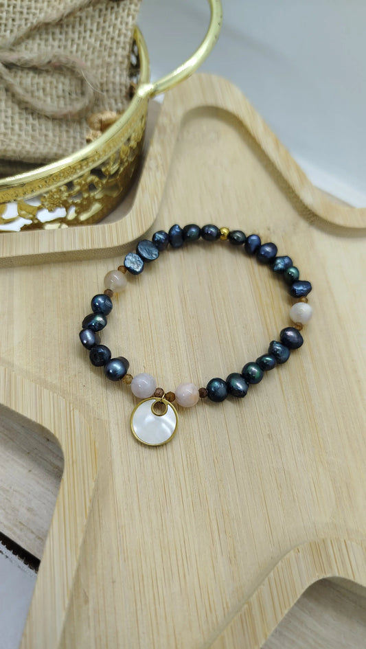 bracelet perles eau douce agate fleur de cerisier perles facettées saphir jaune breloque noeud rond nacre acier inoxydable doré fait main