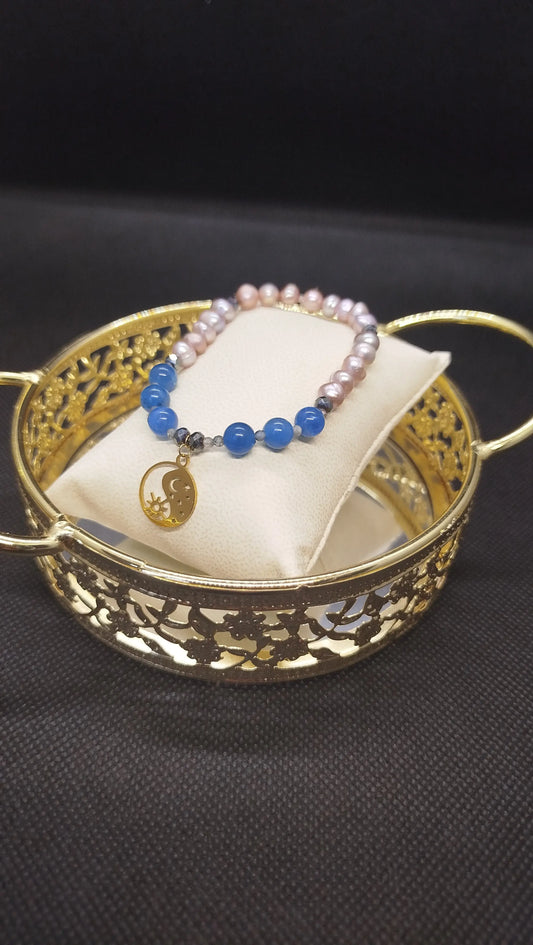 bracelet perles eau douce apatite perles facettées Aigue marine noire breloque  acier inoxydable YIN ET YANG doré fait main