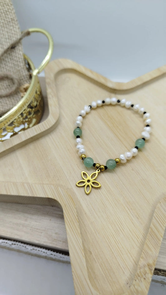 bracelet perles eau douce aventurine perles facettées spinelle noire breloque  acier inoxydable fleur doré fait main