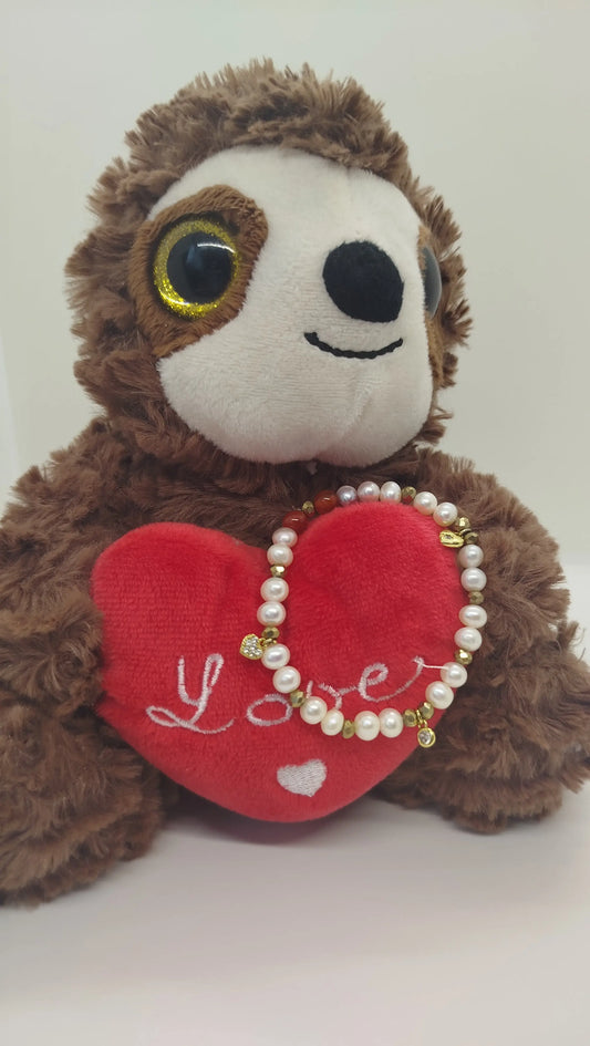 Bracelet Perles et Cornaline 3 COEURS fait main et petites breloques en acier inoxydable ALMA Y LUZ