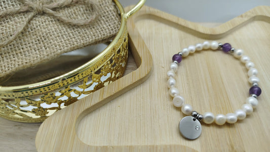 bracelet fait main en perles d'eau douce et améthyste avec breloque rond zircon en acier inoxydable argent