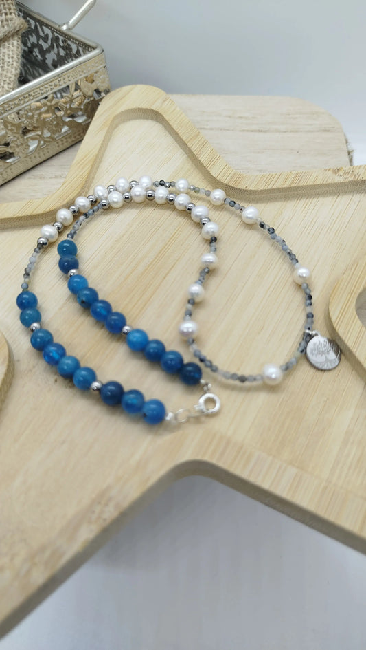 Collier perles eau douce apatite aigue marine breloque arbre de vie acier inoxydable argent fait main