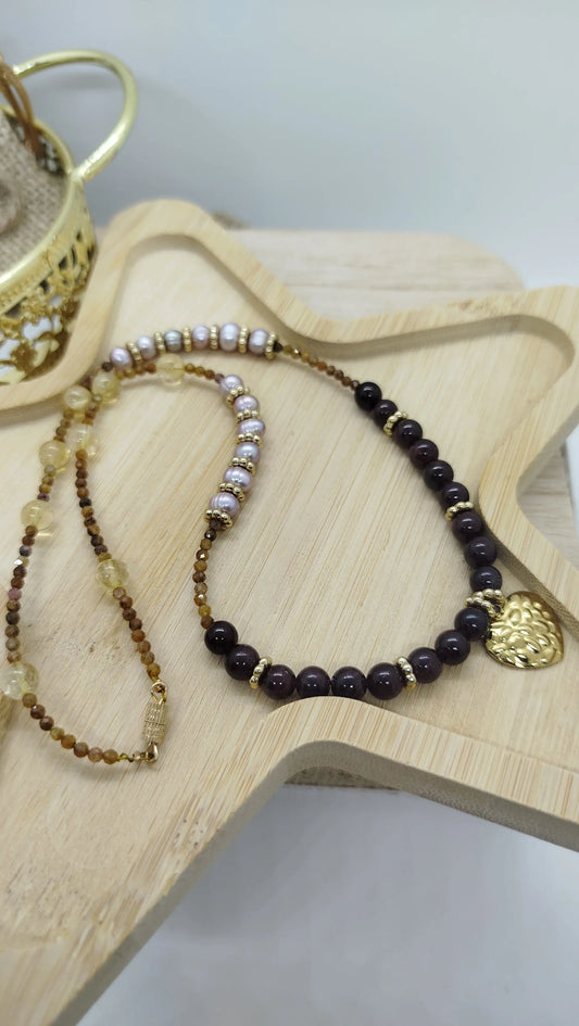 Collier perles eau douce citrine grenat saphir jaune breloque coeur bombé acier inoxydable doré fait main