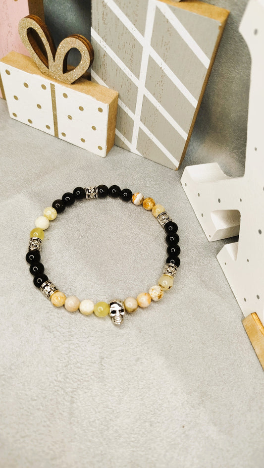 Bracelet SOMBRA -Obsidienne et Opale jaune , breloque tête de mort ALMA Y LUZ