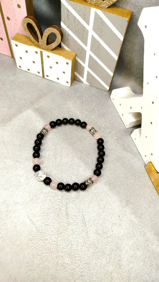 Bracelet HOMME DOLCE-Obsidienne , quartz Rose et breloque arbre de vie ALMA Y LUZ