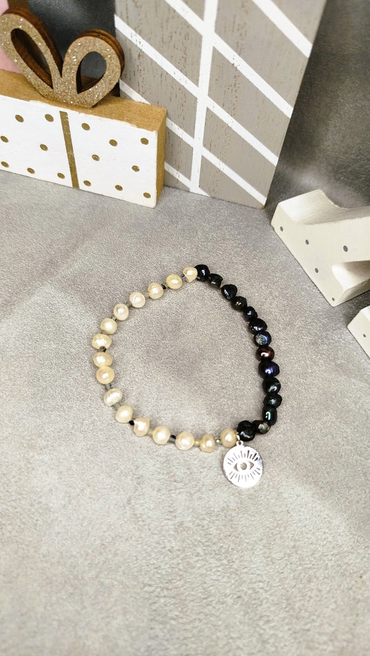 Bracelet AUREA SIRENIA-Perles blanches & bleu paon ALMA Y LUZ