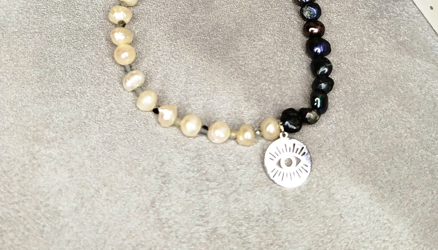 Bracelet AUREA SIRENIA-Perles blanches & bleu paon ALMA Y LUZ