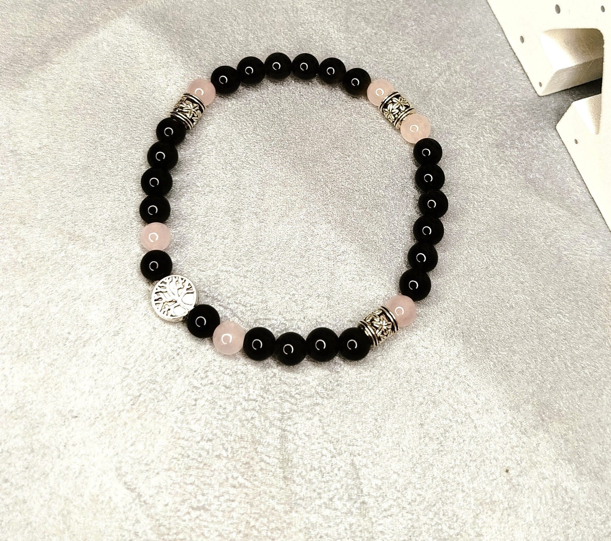 Bracelet HOMME DOLCE-Obsidienne , quartz Rose et breloque arbre de vie ALMA Y LUZ