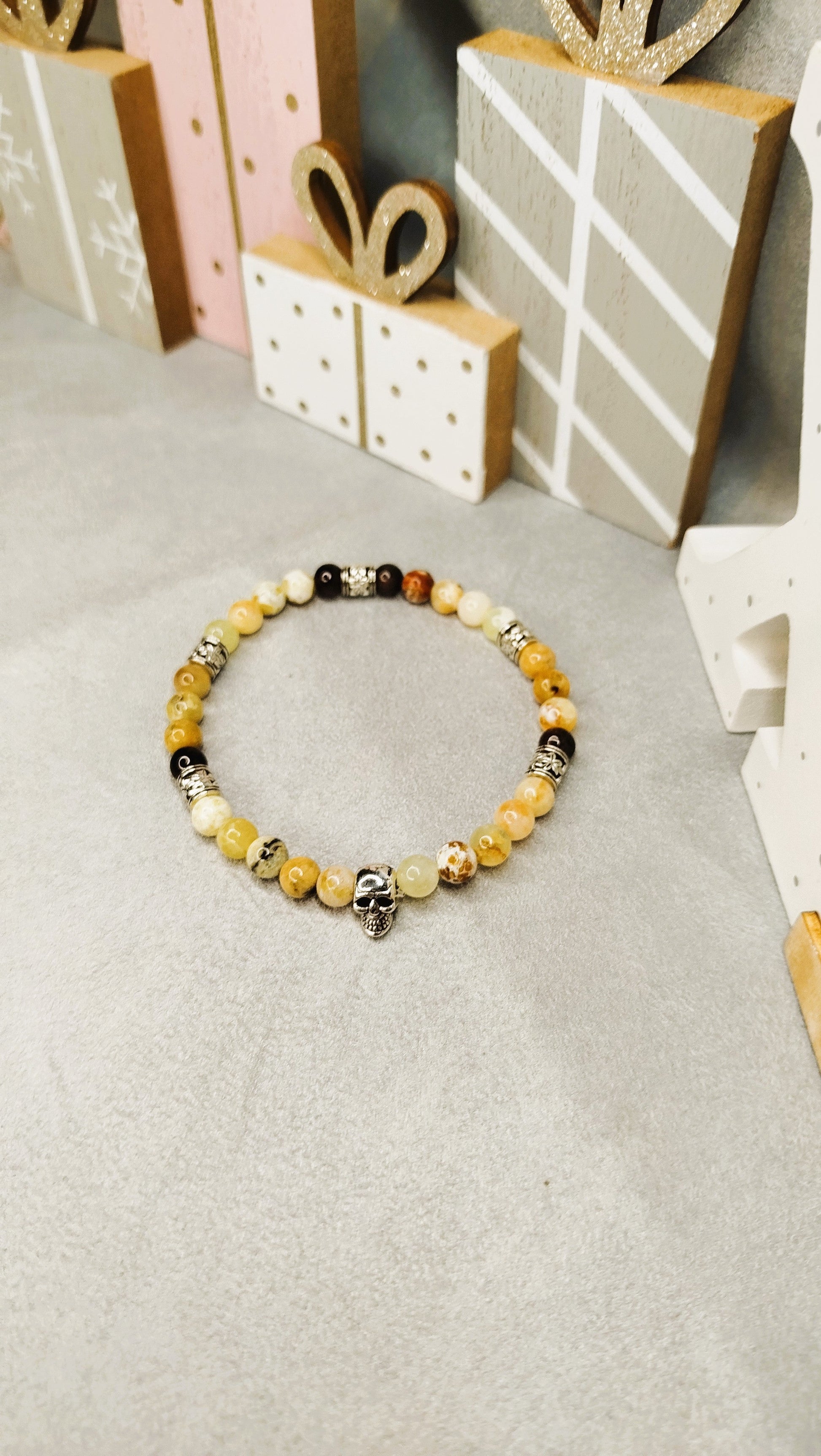 Bracelet Homme LIBRE - Opale jaune , tourmaline mutlicouleur et breloque tête de mort ALMA Y LUZ