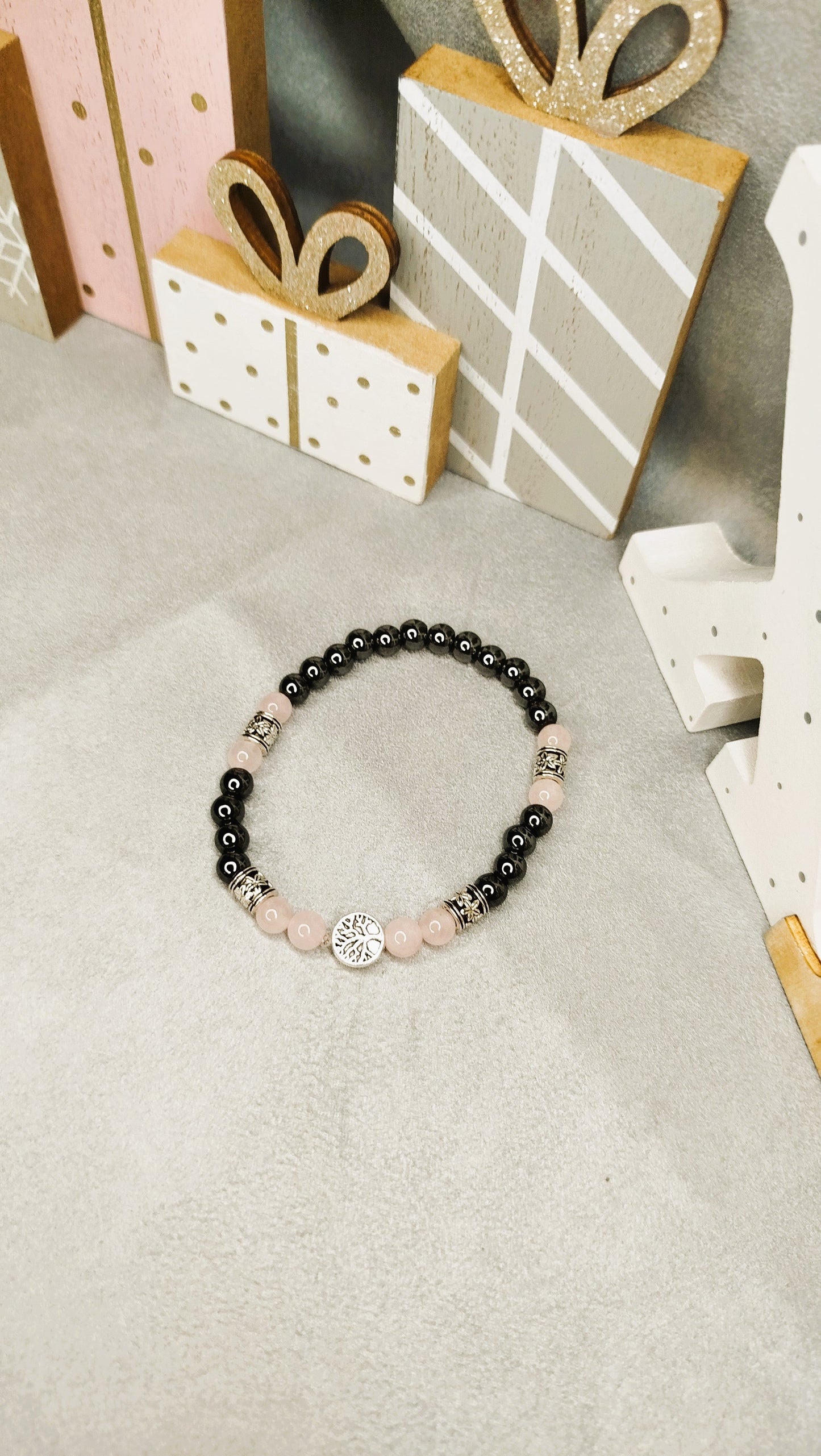 Bracelet RAIZ - Hématite , quartz rose et breloque arbre de vie ALMA Y LUZ