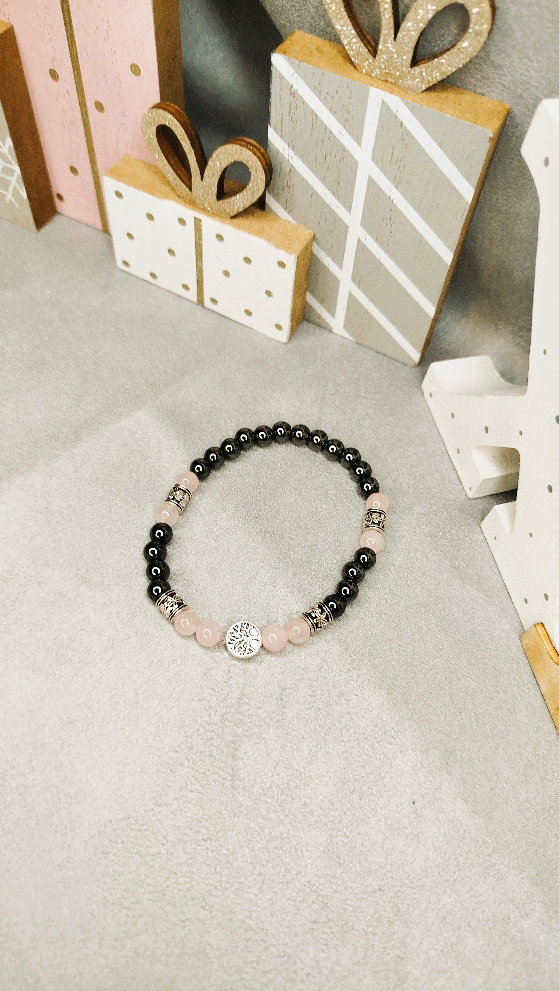 Bracelet RAIZ - Hématite , quartz rose et breloque arbre de vie ALMA Y LUZ